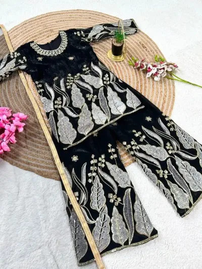 Designer Fendy Silk Embroidery Sequence Top Palazzo Dupatta Set